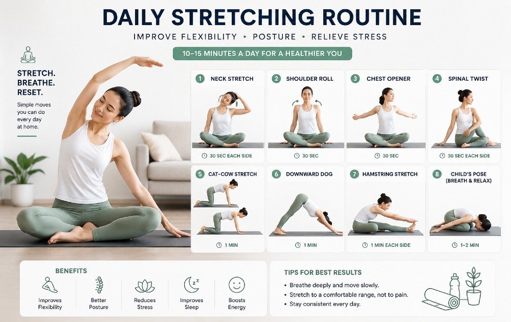Person following a simple daily stretching routine at home, demonstrating flexibility, posture, and stress relief exercises.