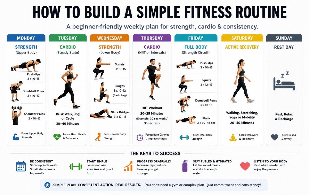 Beginner-friendly guide showing a simple weekly fitness routine with basic exercises for strength, cardio, and consistency.