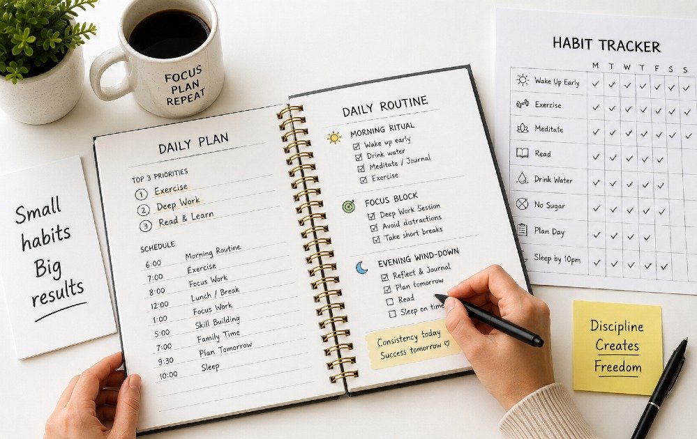Person organizing daily routines using a planner and checklist to build consistent habits and long-term discipline