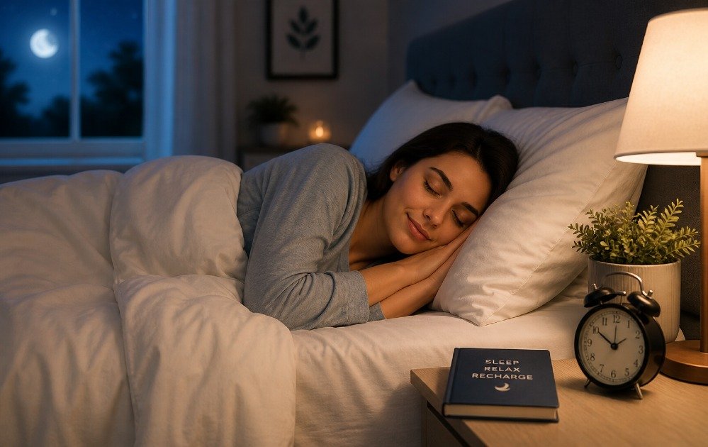 Calm bedroom scene showing a person peacefully sleeping under soft lighting, representing healthy sleep habits and nighttime rest improvement.