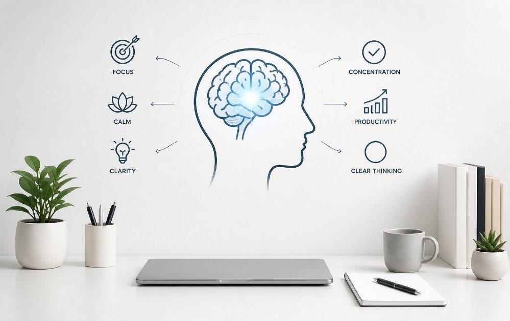 Focused mind symbol with clean workspace representing improved mental clarity and concentration