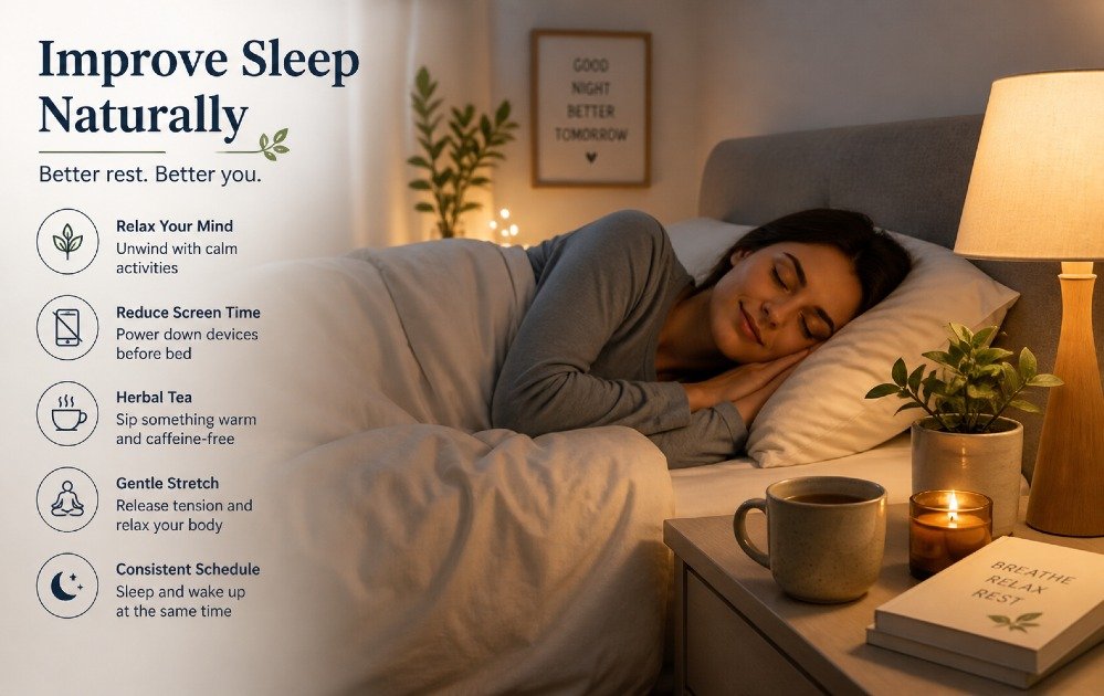 Peaceful bedroom scene showing natural sleep improvement through relaxation, dim lighting, and healthy bedtime habits.