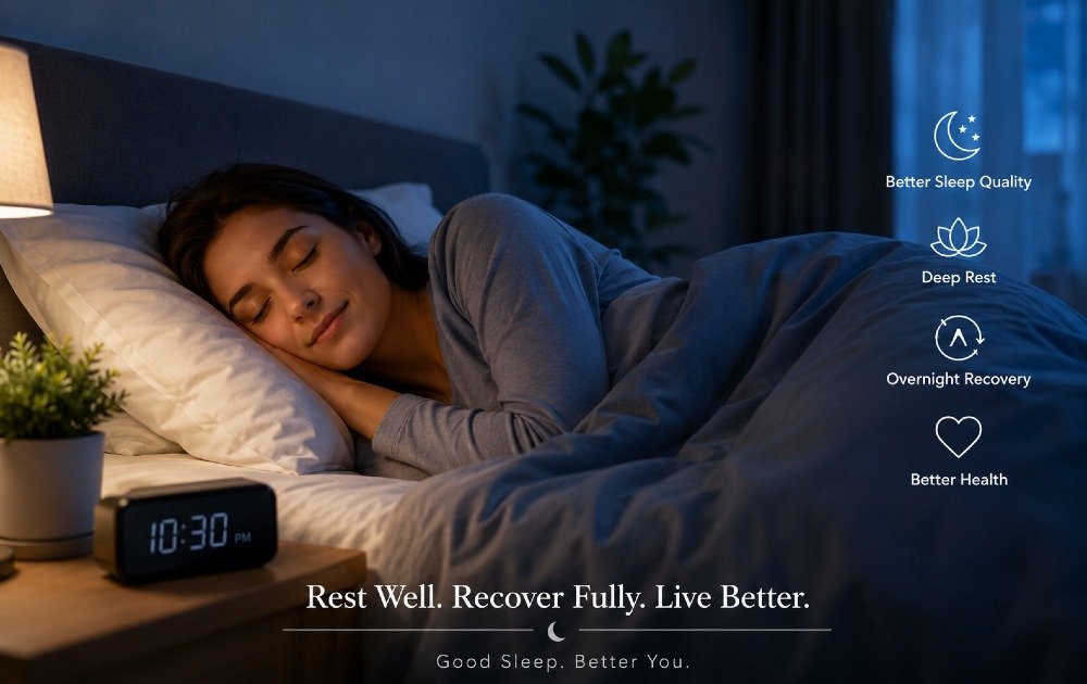 Person sleeping peacefully in a dark, calm bedroom promoting better sleep quality, deep rest, and overnight recovery.