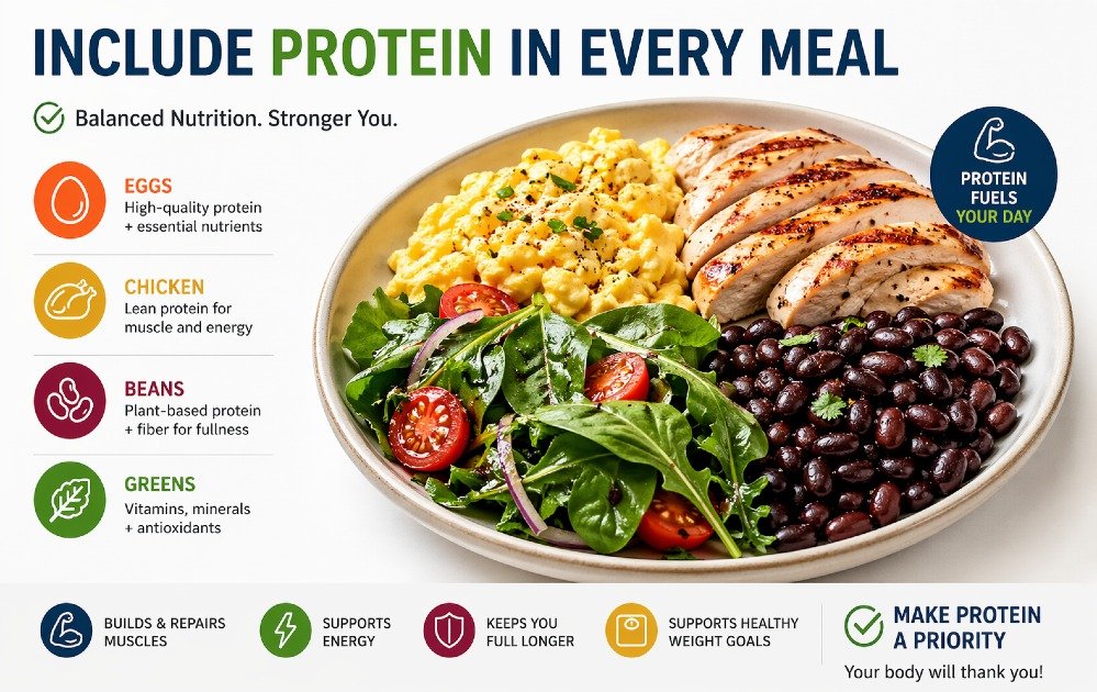 Balanced meal with eggs, chicken, beans, and greens showing protein in every meal