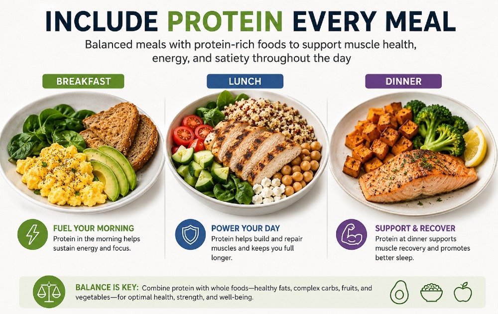 Balanced meals with protein-rich foods to support muscle health, energy, and satiety throughout the day