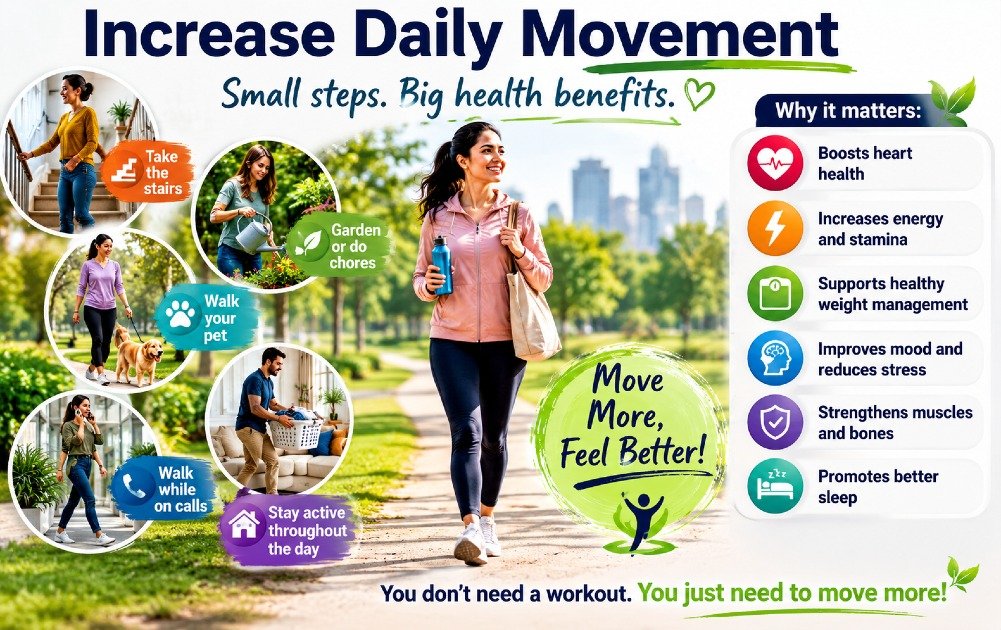 Person increasing daily movement through simple lifestyle activities beyond structured exercise to support better health and energy