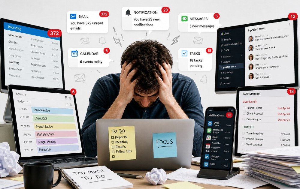 Person overwhelmed by multiple digital screens, emails, and notifications representing information overload