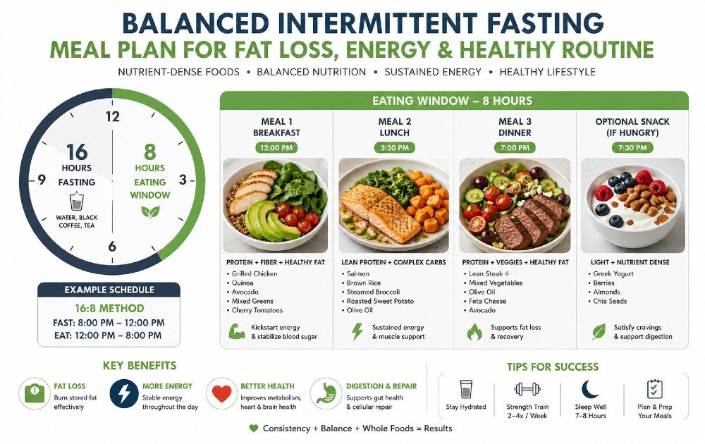 Balanced intermittent fasting meal plan showing nutrient-dense foods arranged for energy, fat loss, and healthy eating routine.