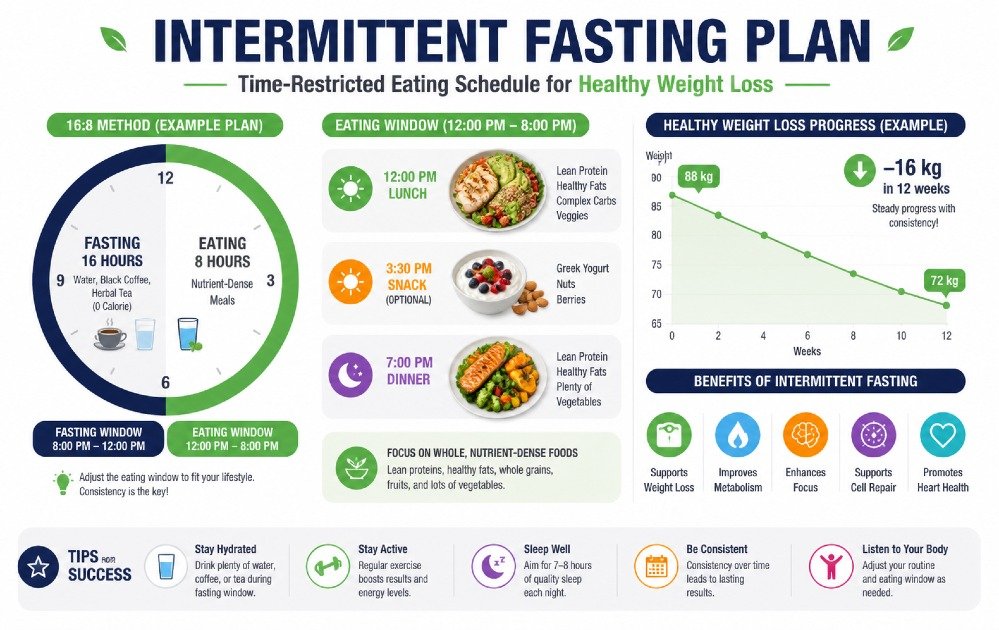 Intermittent fasting plan visualization showing time-restricted eating schedule and healthy weight loss progress