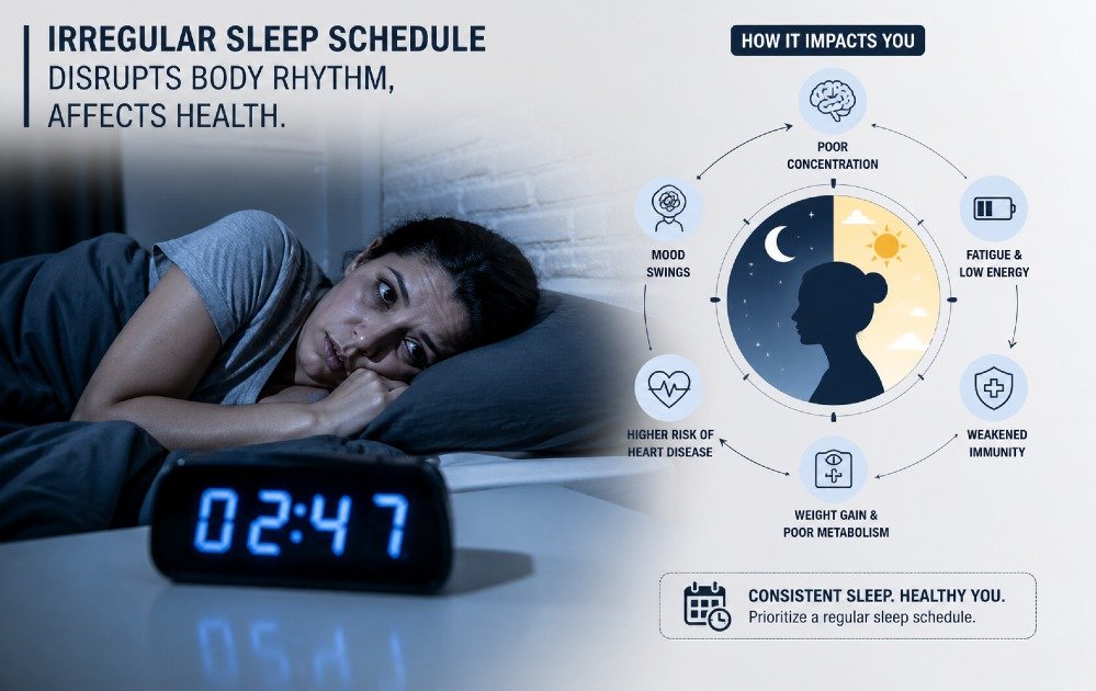 Person struggling to sleep at night while clock shows late hours, illustrating an irregular sleep schedule and disrupted body rhythm.