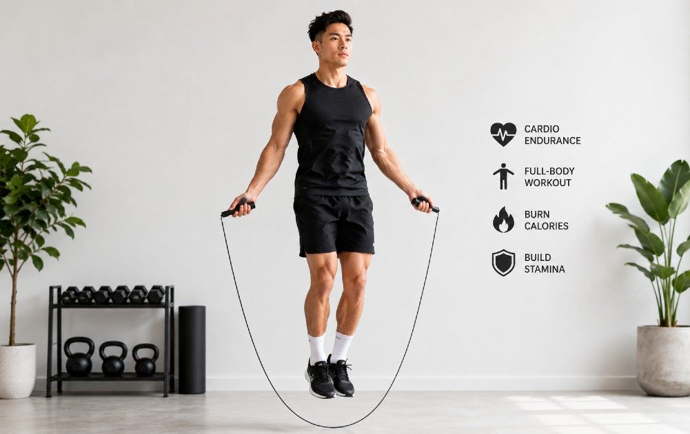 Person performing jump rope cardio workout indoors for full-body fitness and endurance