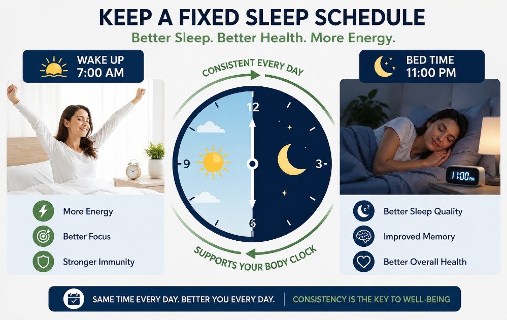 Person waking up and going to bed at the same time daily, illustrating a fixed sleep schedule for better health and energy.