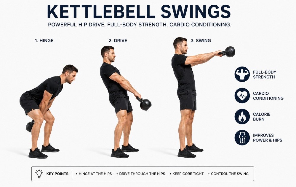 Athlete performing kettlebell swings with controlled hip drive for full-body strength and cardio conditioning.