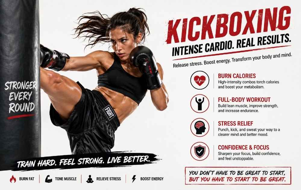 Kickboxing workout in action showing intense cardio training for stress relief and full-body fitness.