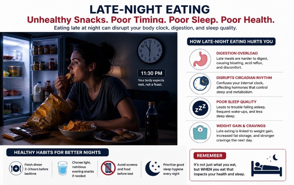 Late-night eating unhealthy snacks at night with emphasis on poor dietary timing and sleep disruption.