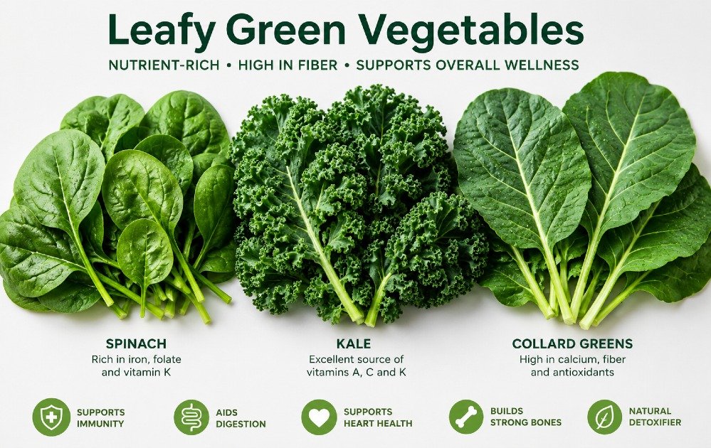Fresh leafy green vegetables including spinach, kale, and collard greens rich in essential nutrients and fiber.