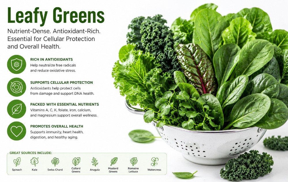 Fresh leafy green vegetables rich in antioxidants and nutrients supporting cellular protection and overall health