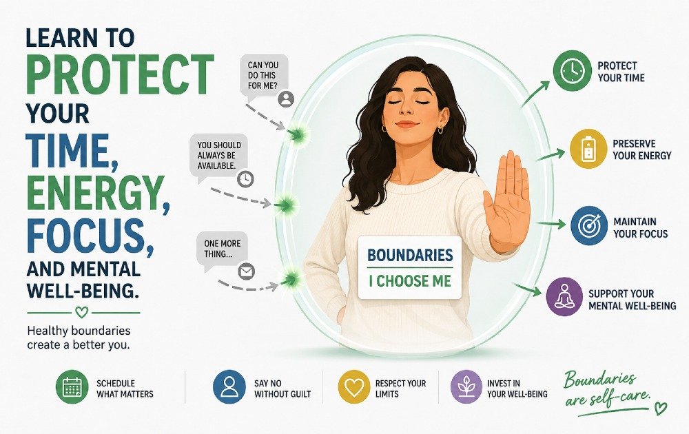 Person setting healthy boundaries to protect time, energy, focus, and mental well-being.