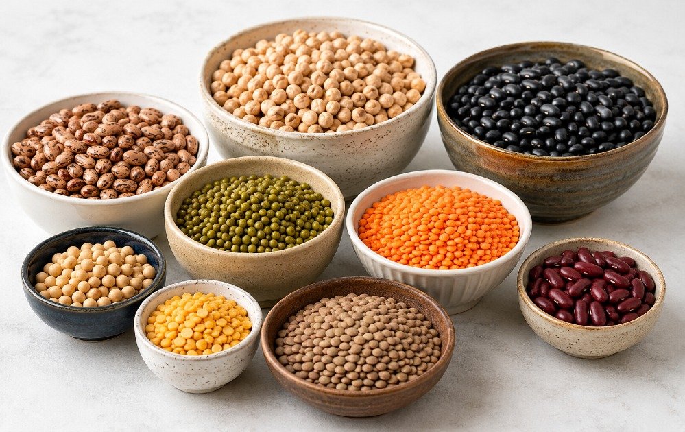 Assorted beans and legumes including lentils, chickpeas, and black beans in separate bowls