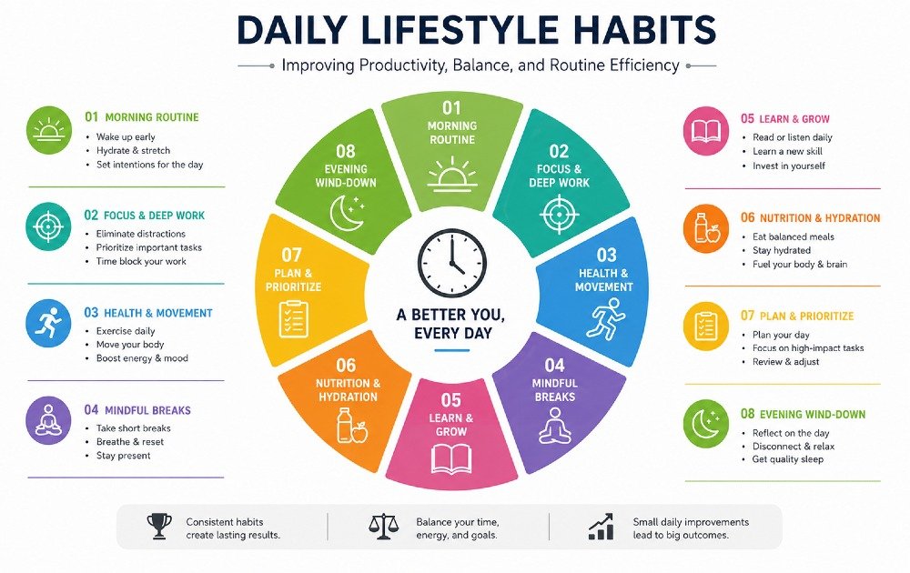 Daily lifestyle habits improving productivity, balance, and routine efficiency