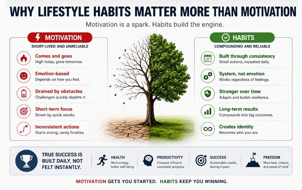 Lifestyle habits shaping long-term success, health, and productivity more than short-lived motivation.