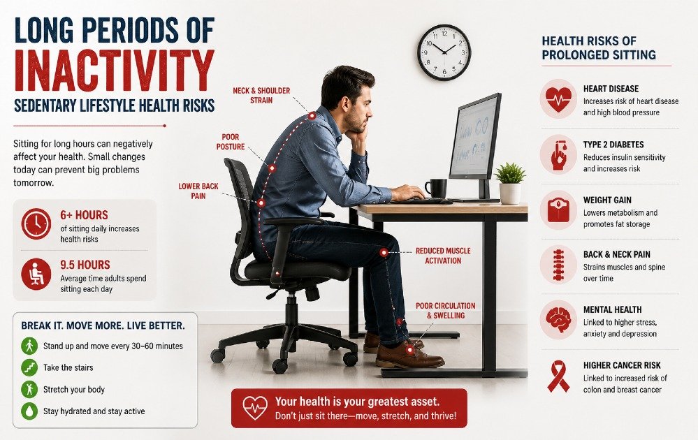 Person sitting for long hours at a desk, highlighting prolonged inactivity and sedentary lifestyle risks.