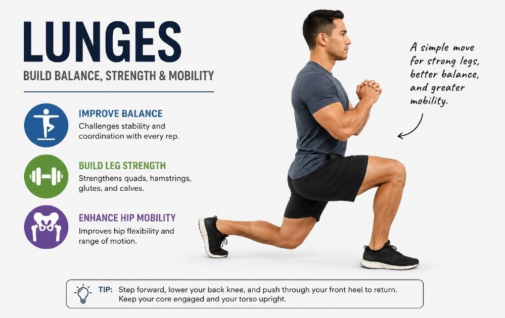 Person performing lunges to improve balance, leg strength, and hip mobility