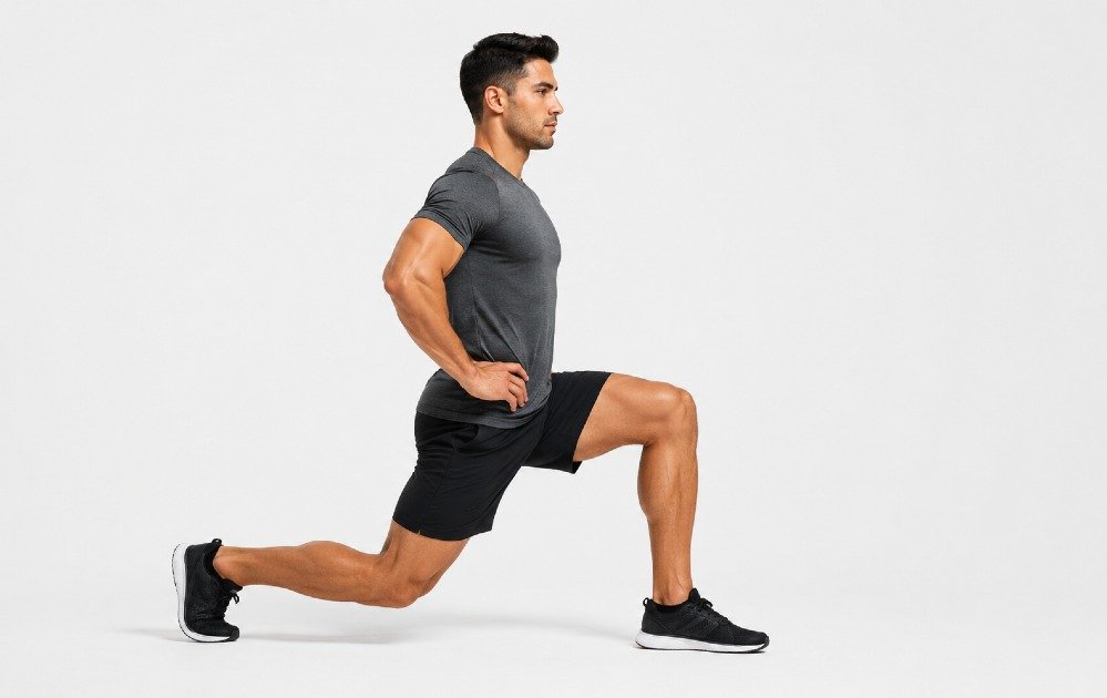 Athlete performing forward lunges to build lower body strength, balance, and stability