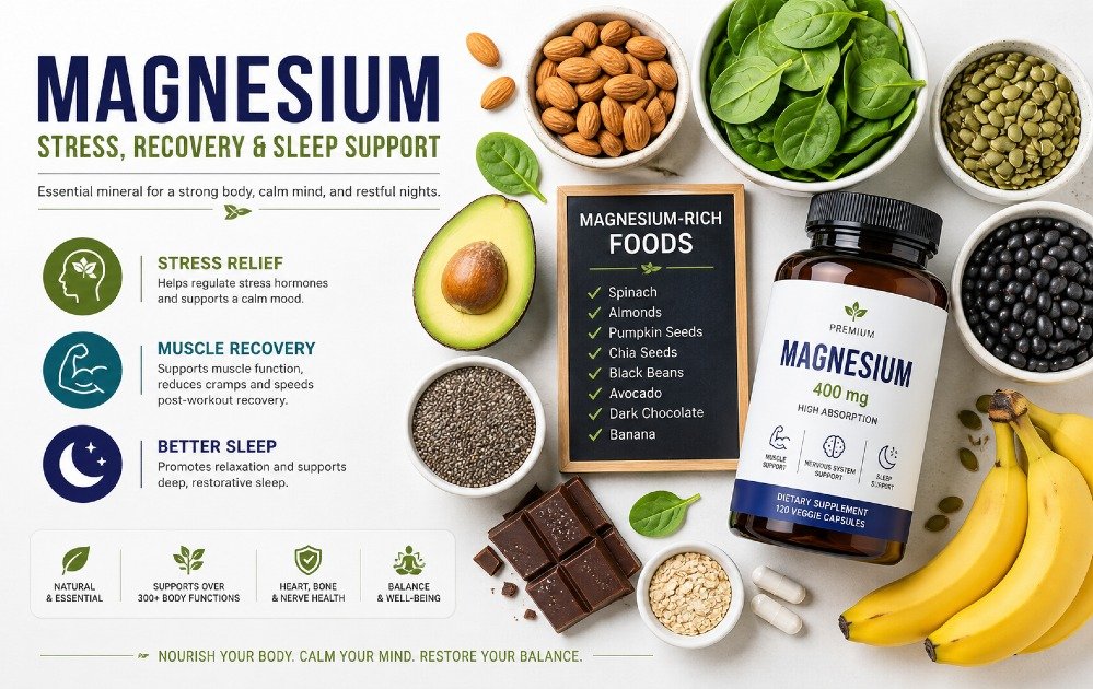 Magnesium-rich foods and supplement concept supporting stress relief, muscle recovery, and better sleep health.