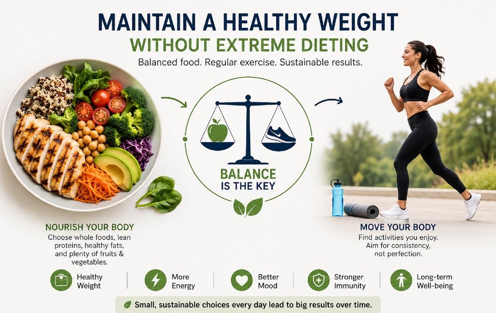 Balanced healthy lifestyle concept showing weight management through nutritious food and regular exercise, not extreme dieting.