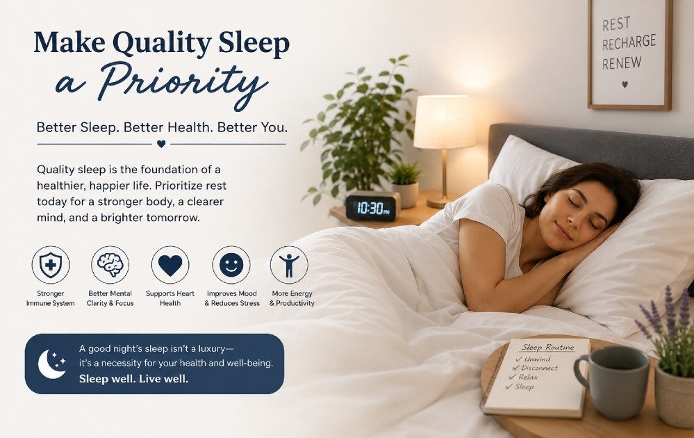 Peaceful bedroom scene showing the importance of prioritizing quality sleep for better health and well-being