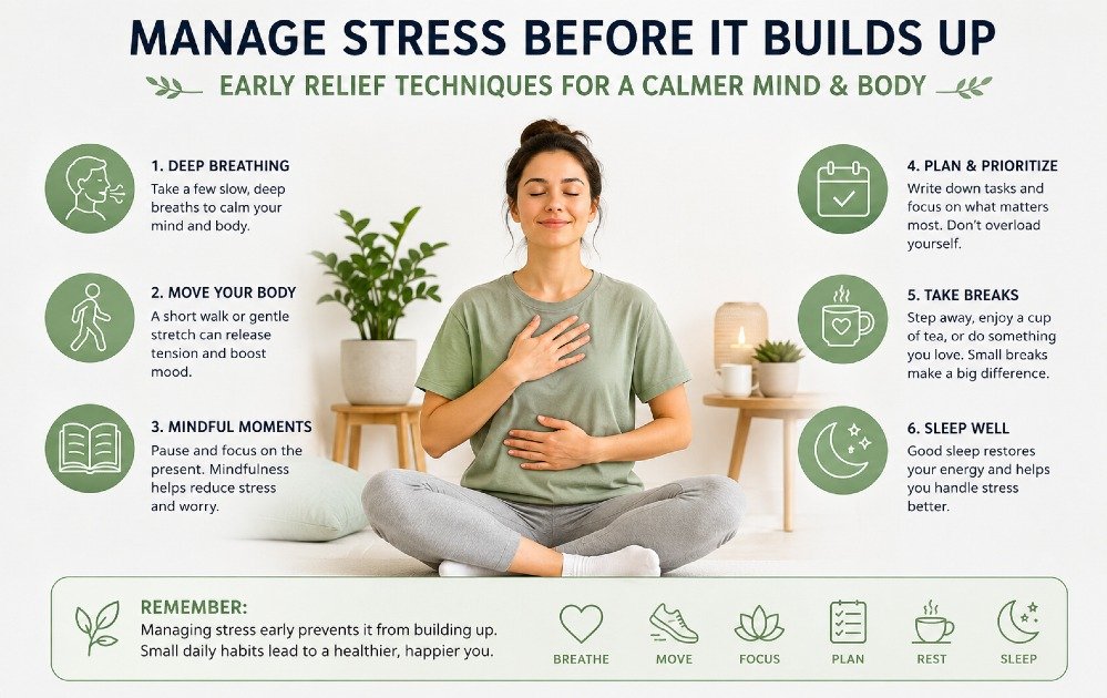 Person practicing early stress management techniques to prevent mental and physical tension buildup