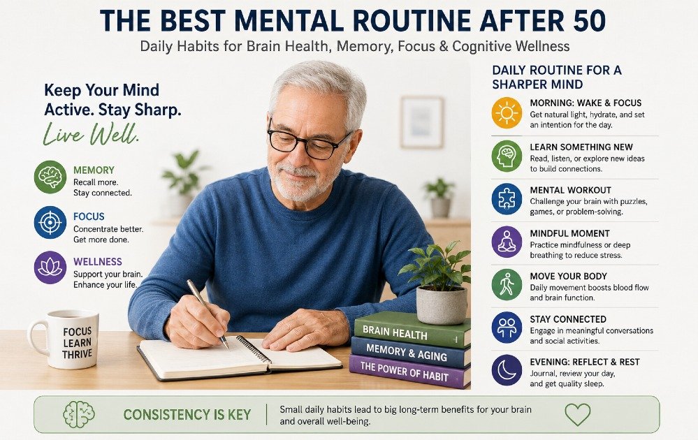 Senior adult following a daily mental routine to support brain health after 50, focusing on memory, focus, and cognitive wellness.