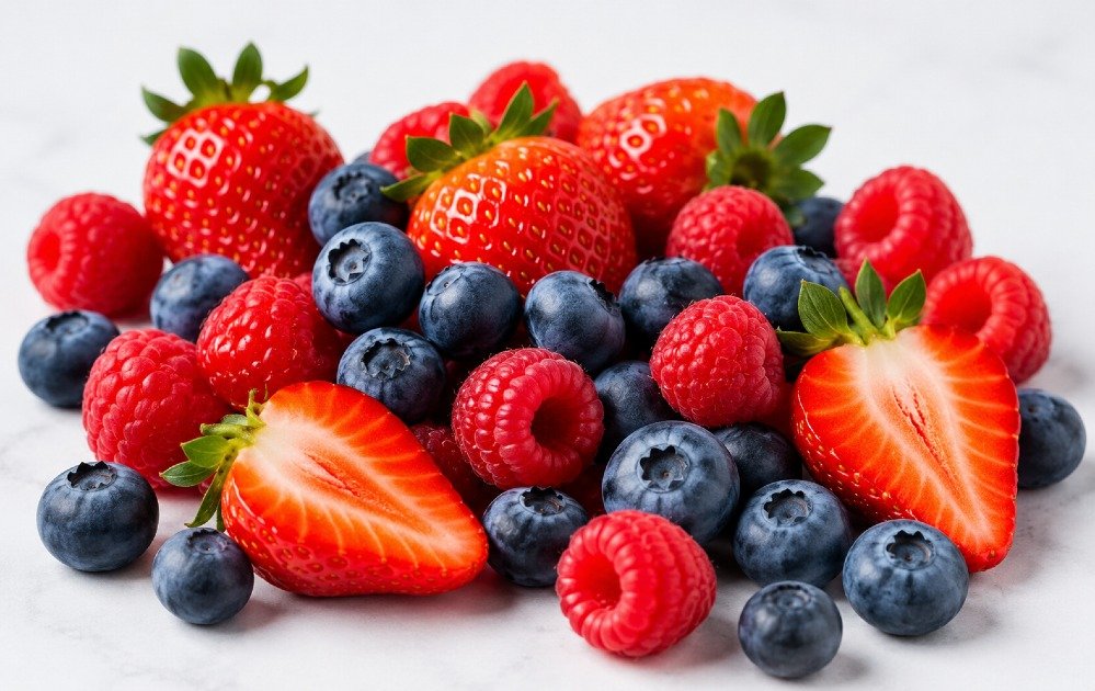 Fresh mixed berries including blueberries, strawberries, and raspberries arranged on a clean surface.