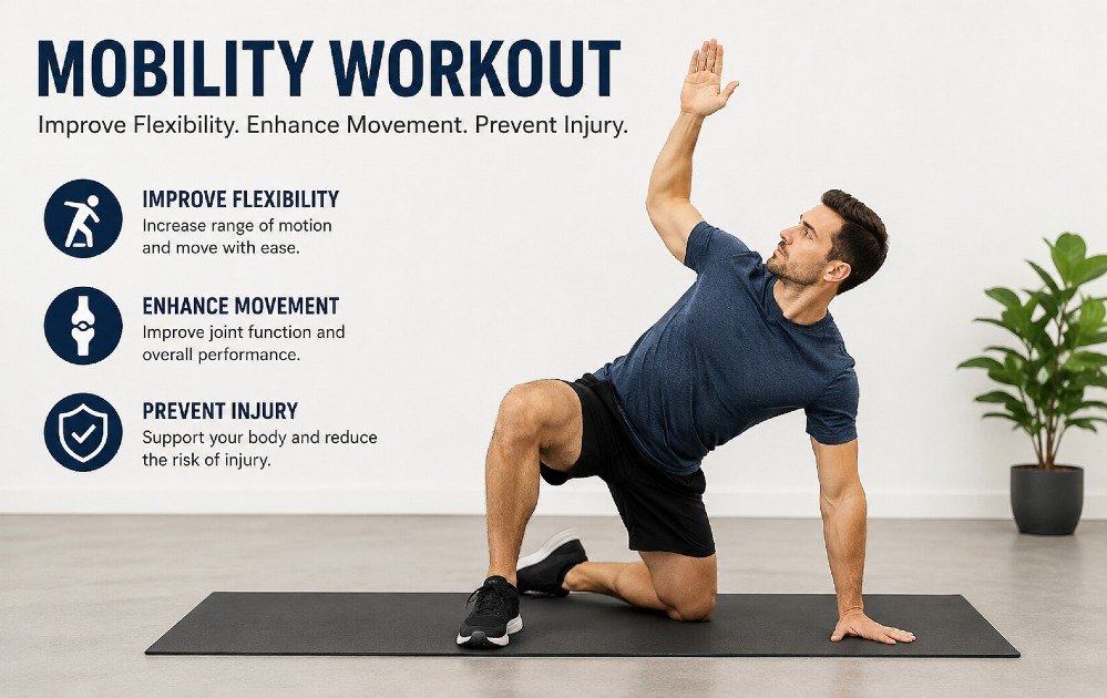 Person performing a mobility workout to improve flexibility, joint movement, and injury prevention.