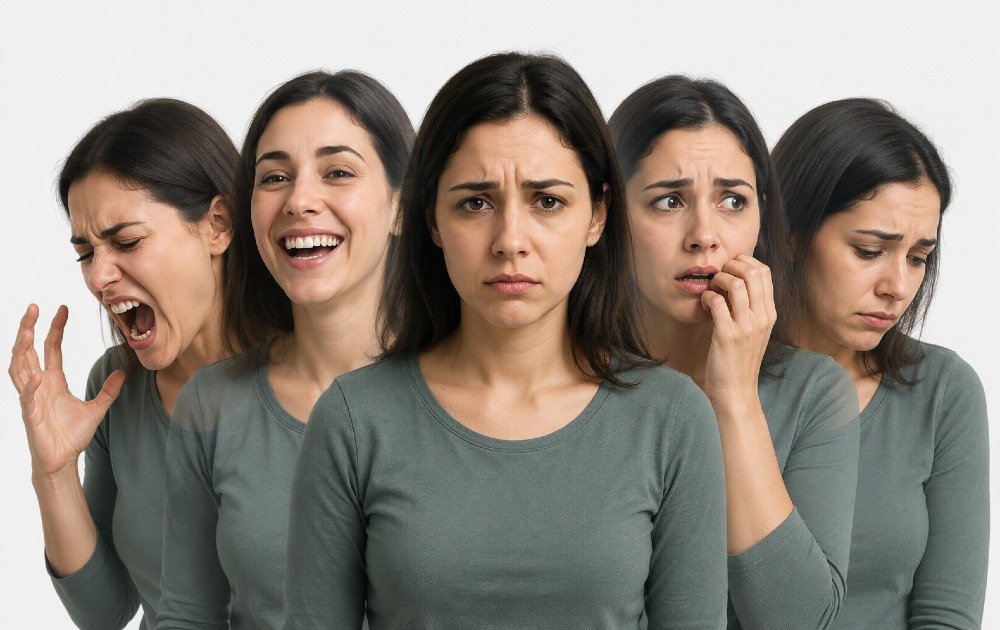 Person experiencing mood swings showing emotional instability and shifting facial expressions