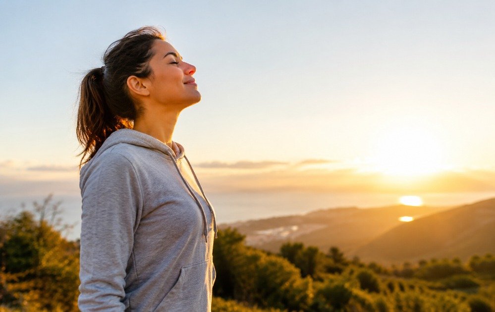 Person standing outdoors in early morning sunlight, receiving natural light exposure for improved mood, energy, and circadian rhythm support.