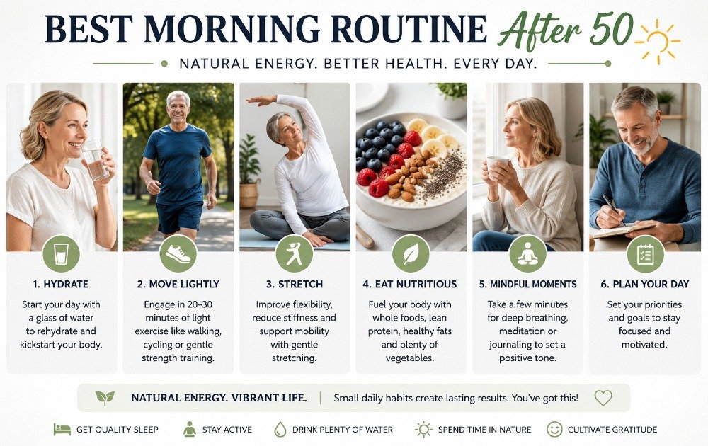 Morning routine after 50 featuring light exercise, hydration, stretching, and healthy habits for natural energy and vitality