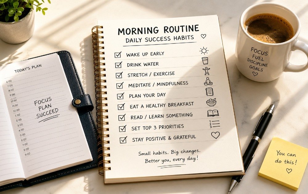 Structured morning routine checklist on a desk with planner, coffee, and sunlight, symbolizing productive daily habits.