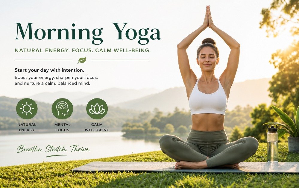 Morning yoga session outdoors promoting natural energy, focus, and calm well-being.