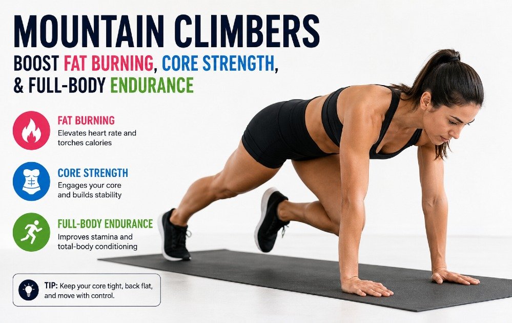 Woman performing mountain climbers to boost fat burning, core strength, and full-body endurance.