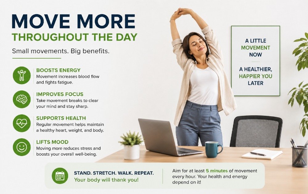 Person standing and stretching at a desk, emphasizing the importance of moving more throughout the day for better health and energy.