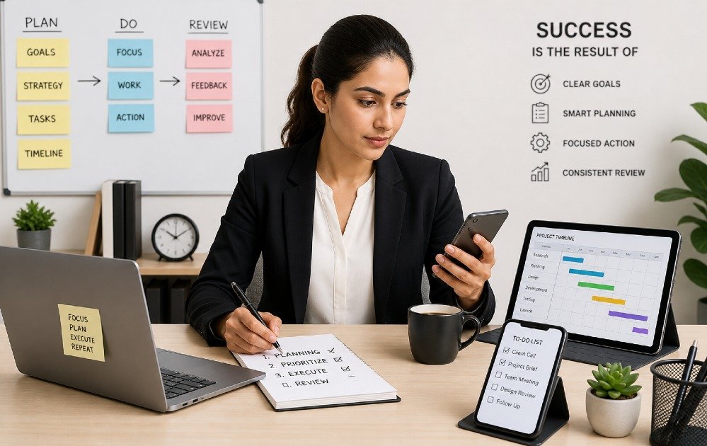 Focused professional managing multiple tasks efficiently across devices in a structured workspace