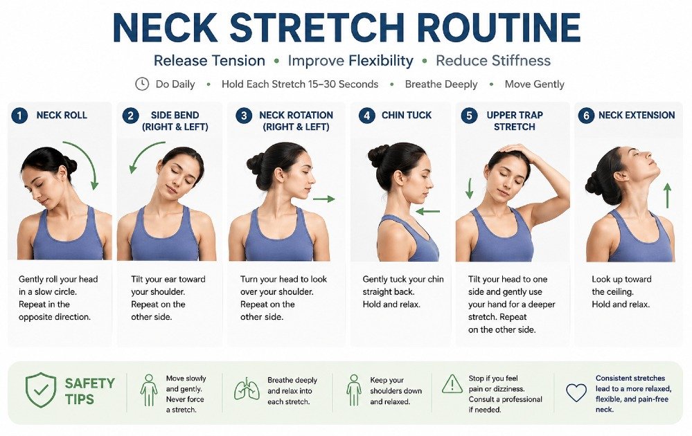 Simple neck stretch routine demonstrating safe movements to release tension, improve flexibility, and reduce stiffness.