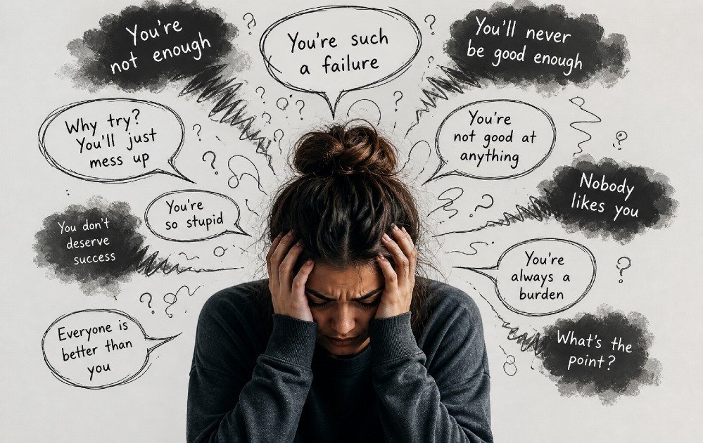 Person overwhelmed by negative self-talk, with critical thoughts symbolized around their head, illustrating inner conflict and self-doubt.
