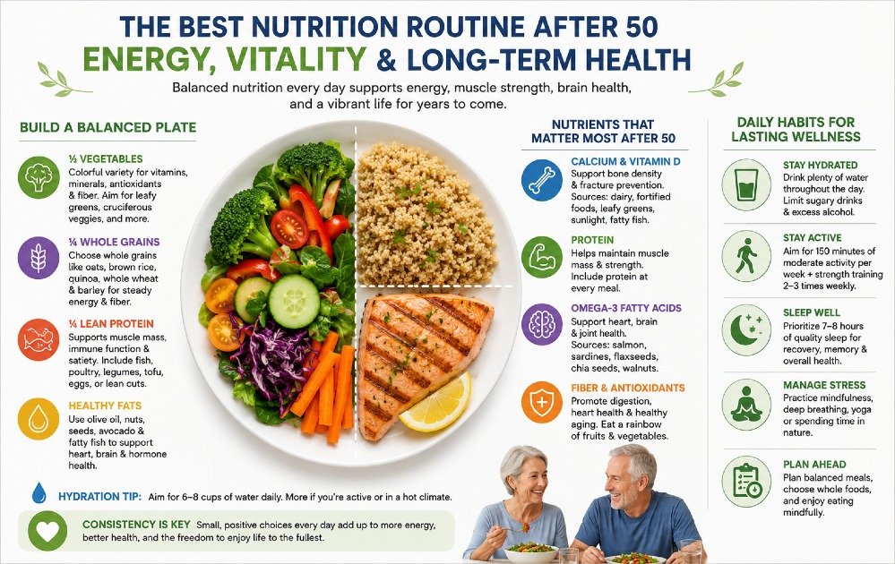 Balanced nutrition routine for adults over 50 supporting energy, vitality, and long-term health.