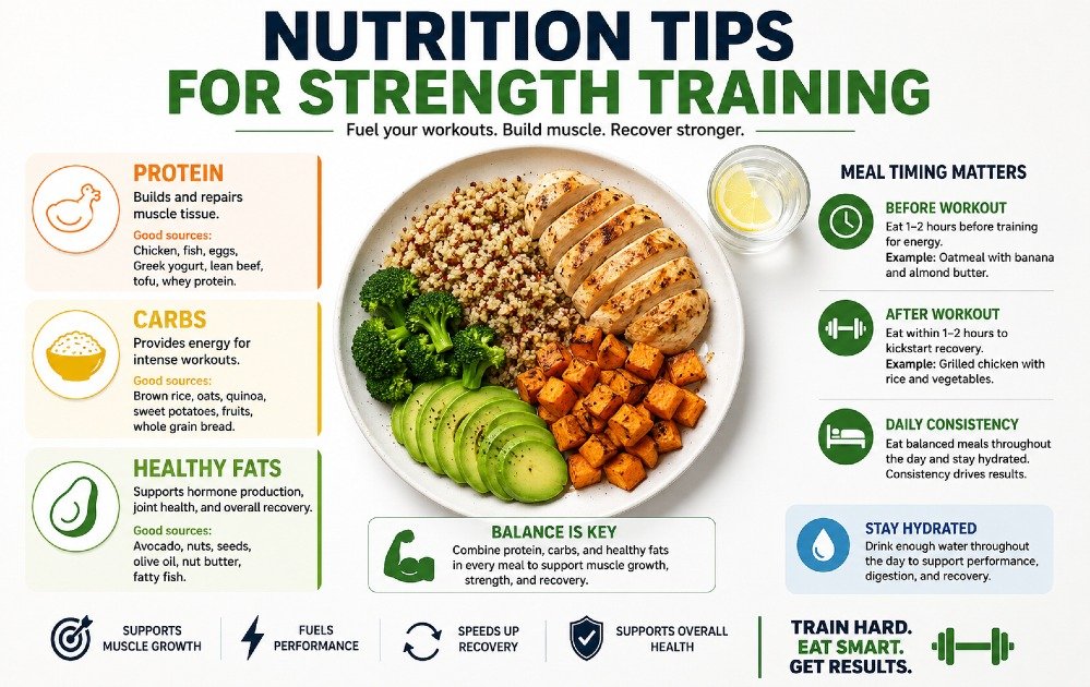 Nutrition tips for strength training showing balanced meals with protein, carbs, and healthy fats supporting muscle growth and workout recovery.