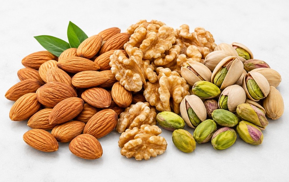 Assorted nuts including almonds, walnuts, and pistachios arranged on a clean surface.