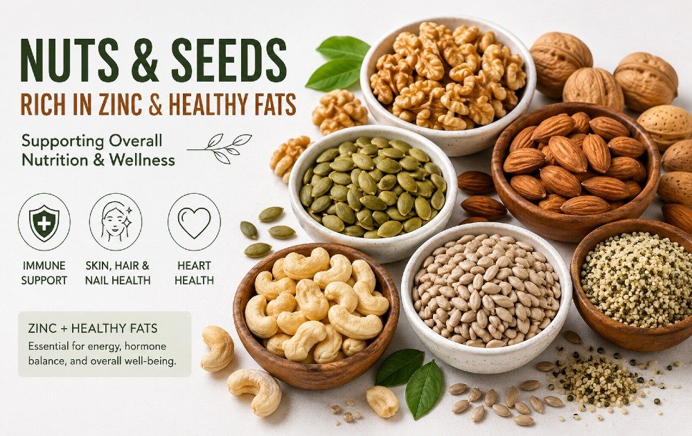 Assorted nuts and seeds rich in zinc and healthy fats supporting overall nutrition and wellness.