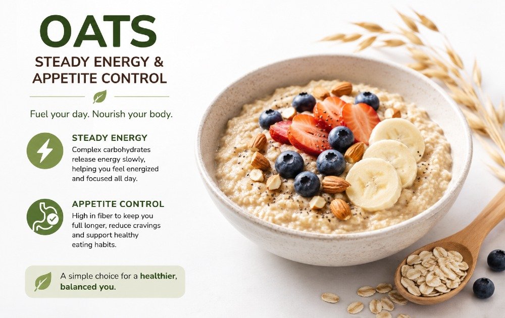 Bowl of oats supporting steady energy and appetite control for healthy eating.